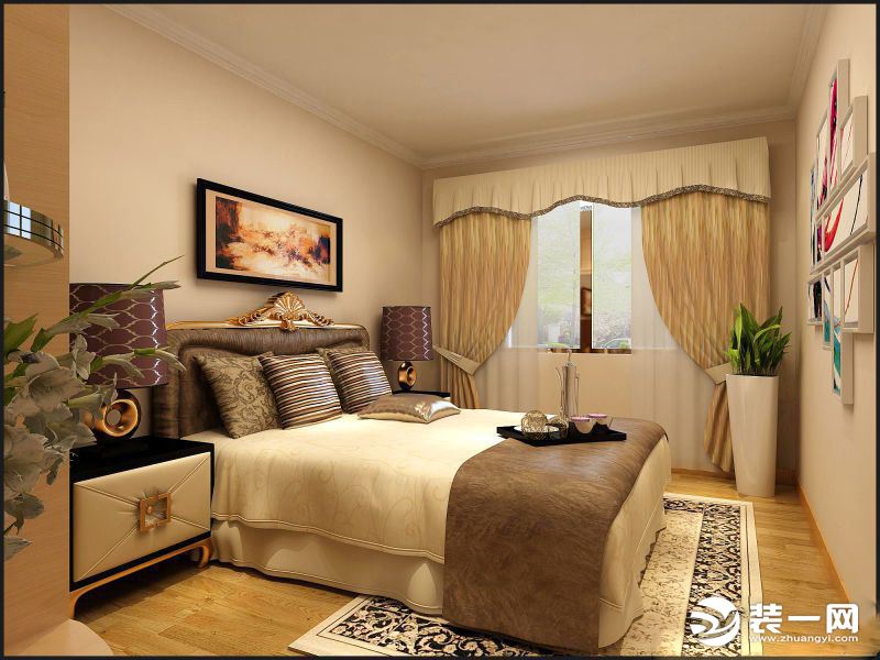 卧室： 卧室采用挑高的吊顶设计，地面几乎满铺地毯，床头采用单色背景板。