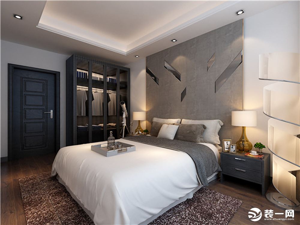 卧室大品装饰设计师采用了灰色简单的背景墙设计，进一步强化了空间效果，使视觉效果更加突出。