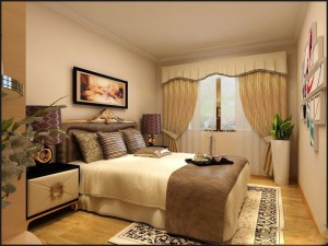 臥室： 臥室采用挑高的吊頂設計，地面幾乎滿鋪地毯，床頭采用單色背景板。
