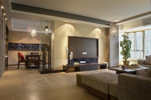客厅-简约北欧风格与新中式风格相结合，原木家具，搭配清新浅色系家私；新中式吊灯和画作为融合点缀。