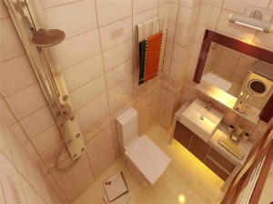 卫生间墙地砖选择米黄色瓷砖。腰线的菱角分明也是卫生间的一大亮点。