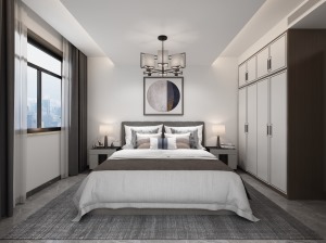 卧室整体色调采用的就是明快的灰色调，将一切化繁为简，在造型基础上极致简约，再搭配精巧的灯具、雅致的挂