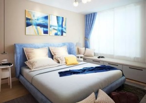 卧室整个以软包床头，无床头的床，融为一体，舒适度高，灰蓝色的搭配，更显奢华与品味。