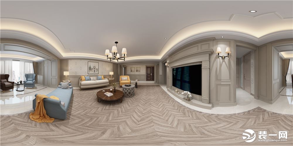 【汀本设计】翡翠湾246平大户型美式风格效果图+客厅
