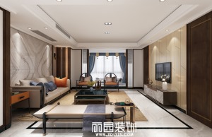 【丽园装饰】金城华府180平平层新中式风格效果图客厅