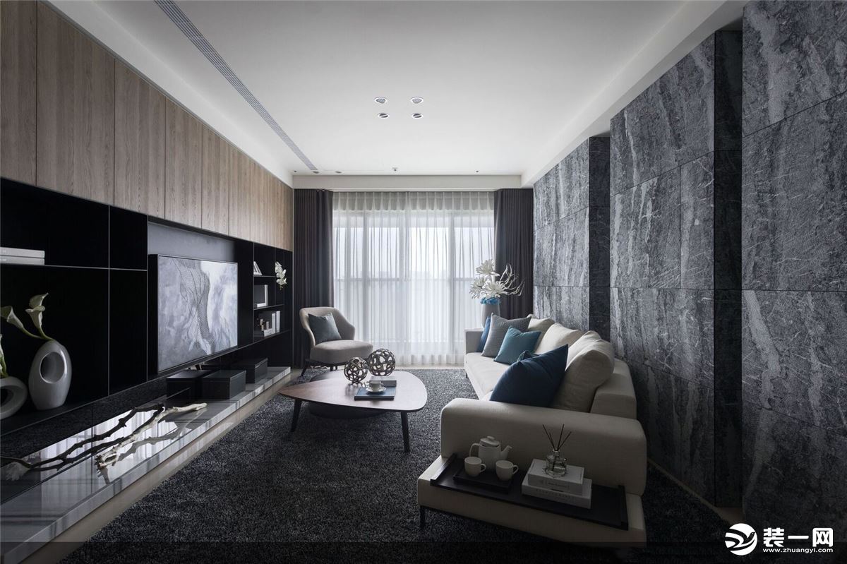 深凡装饰 龙湾首府90平平层三室 现代简约风家装效果图-客厅