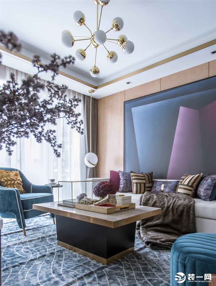 深凡装饰 龙湾首府130平平层三室 现代轻奢风家装效果图-客厅