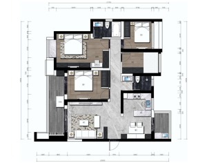 120平户型图，四房两厅两卫一厨，是一个三口之家，以现代简约为主题，简洁明快的设计风格为主调。