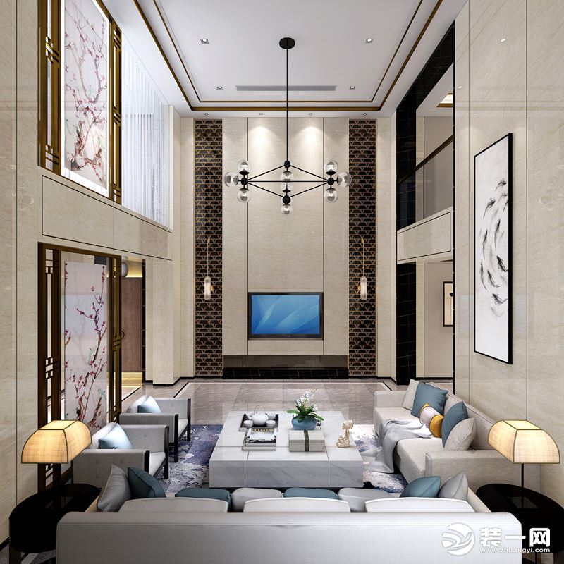 紫金华府310平复式新古典风格装修效果图一层客厅