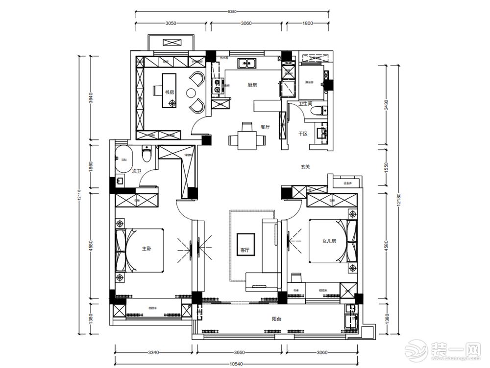 金水湾香榭里127平三居室现代风格装修效果图平面图