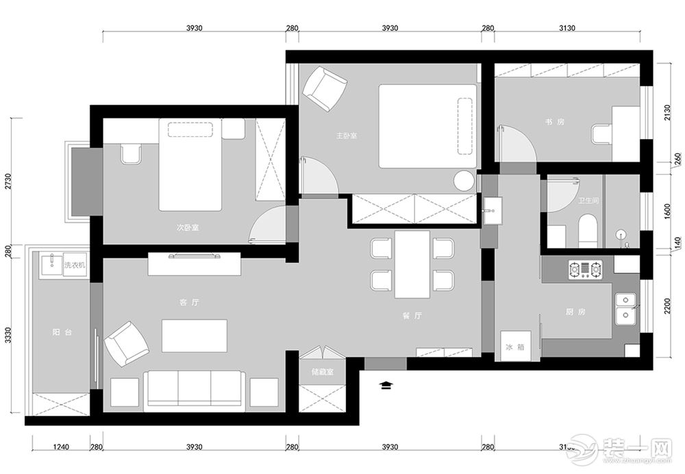 上海十里新城三居室98平现代简约风格装修效果图