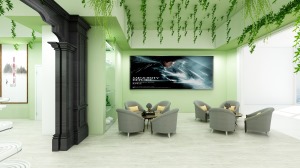 洽谈区：复合地板地面，绿色乳胶漆墙面，体现出绿色自然的主题，