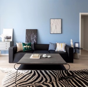 客厅主调是清爽的天蓝色，墙面没有复杂装饰，一黑一白的挂画十分有品位。