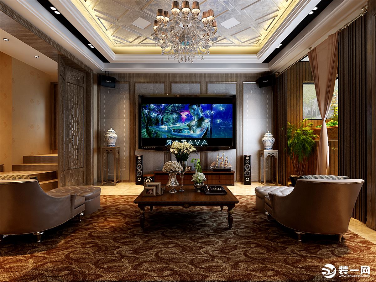 客厅乌兰浩特碧桂园五居室美式中式混搭风格装饰效果图