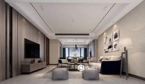 客厅选用灰色系仿古瓷砖，呈现出冷静的氛围，利用高级的灰调和各种中性色调，演绎空间的气氛。