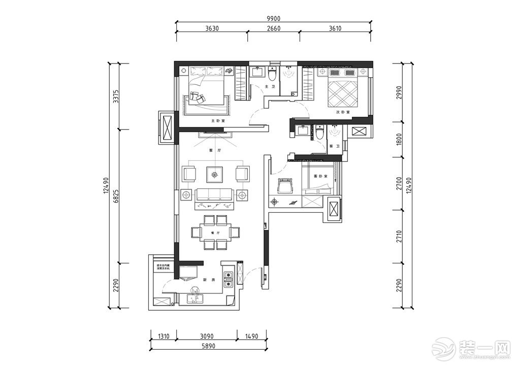鲁能城现代中式风格 118㎡两居室设计图