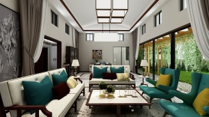 客厅给人的感觉是光线充足，客厅是在地面平层，开放式回廊设计加上房沿下补光窗的设计使得客厅光线通透。