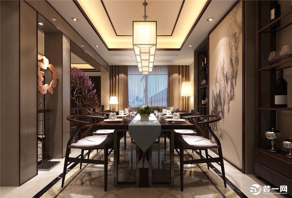 上海张江阳光花城双拼别墅380平现代中式风格餐厅装修效果图