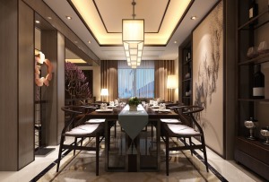 上海张江阳光花城双拼别墅380平现代中式风格餐厅装修效果图