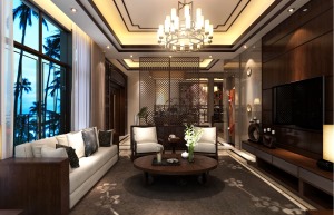 上海张江阳光花城双拼别墅380平现代中式风格客厅装修效果图