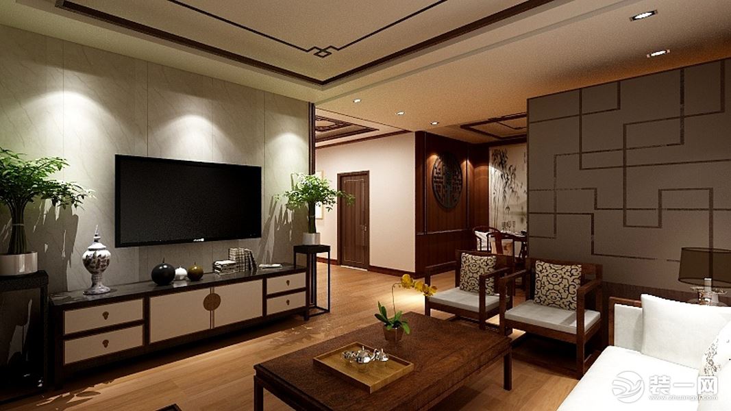 客厅的风格与整体中式风格融入，在电视背景墙的材质上，通过纹路与家具的木纹路相呼应。同时在色调偏冷，防