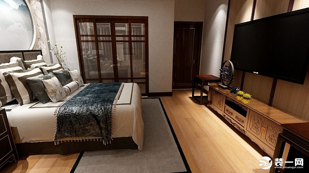 卧室的布置上，石膏线制作的圆形装饰，电视背景墙以木制线条丰富墙面