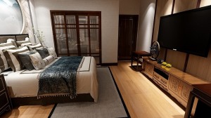 卧室的布置上，石膏线制作的圆形装饰，电视背景墙以木制线条丰富墙面
