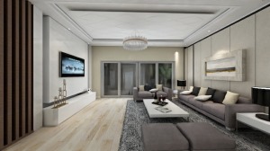 现代简约风的客厅，浅色的木地板，加上墙饰面的简约造型，空间感更强