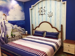 地中海风格卧室，颜色鲜艳、海天一色，纯美自然