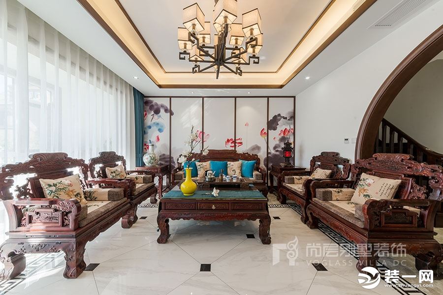 深圳尚层装饰300平米新中式风格别墅装修实景案例--客厅