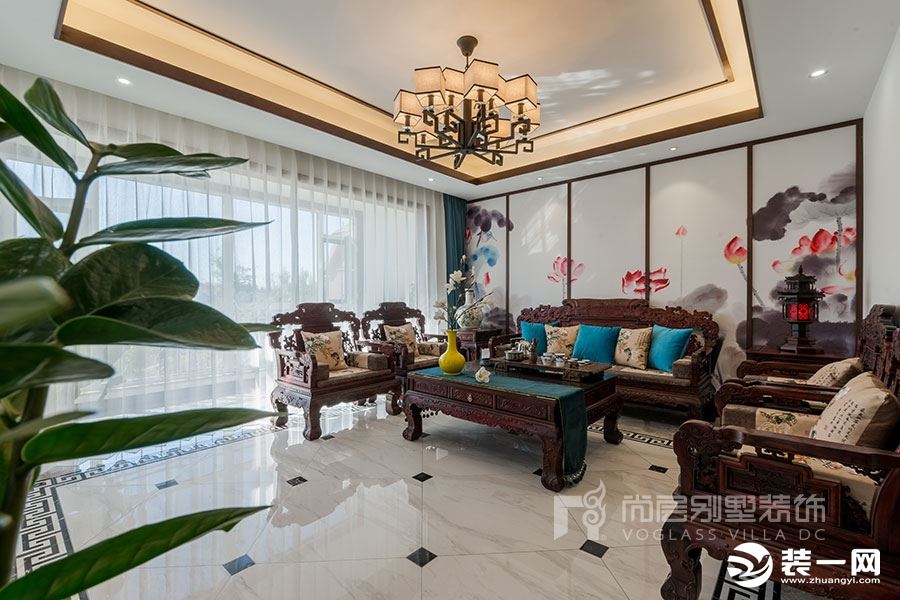 客厅深圳尚层装饰300平米新中式风格别墅装修实景案例--