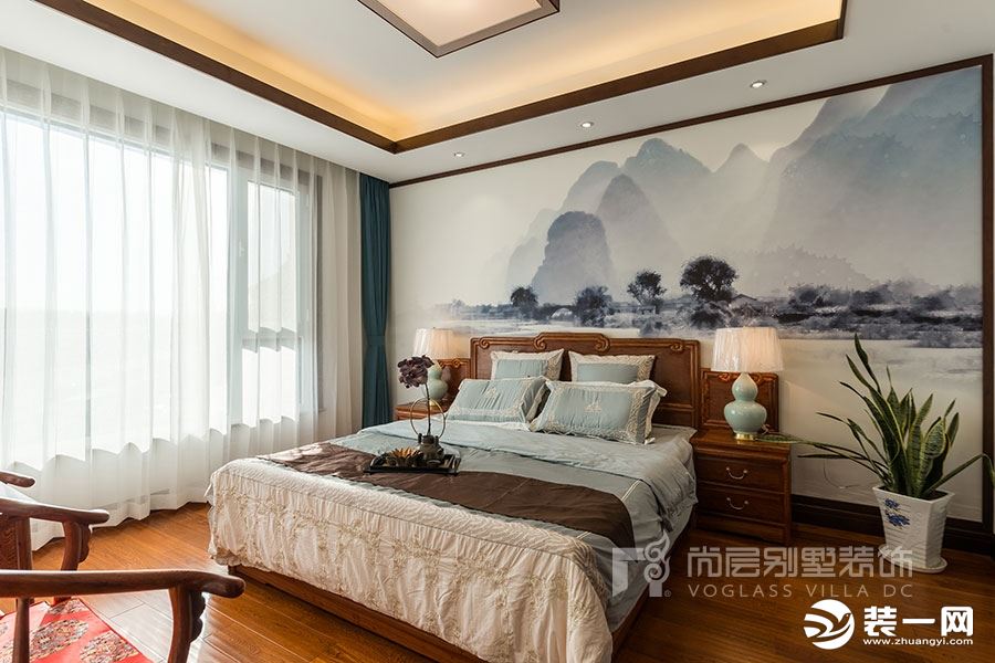 深圳尚层装饰300平米新中式风格别墅装修实景案例--卧室
