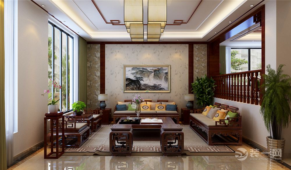 泰安九创装饰桃源名郡258平米中式风格装修效果图沙发背景墙