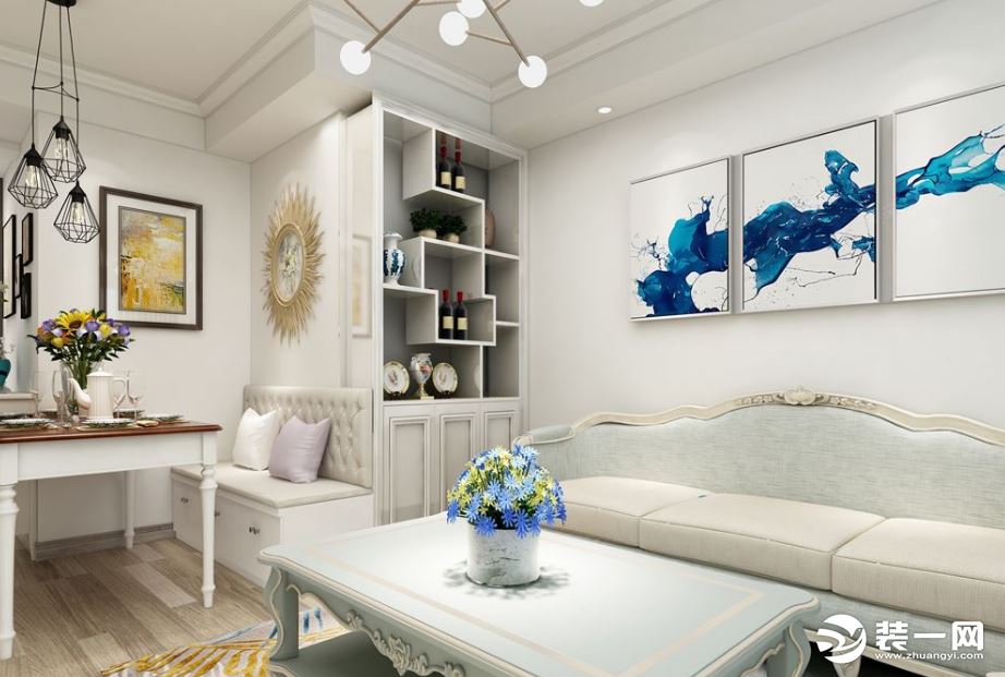 现代简欧风格以精致为主，浅色的沙发，流线的造型给人视觉舒适的享受。