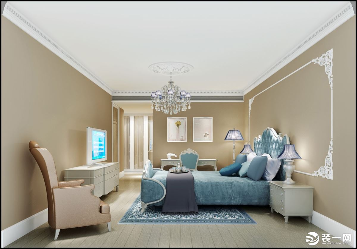 法式风格的卧室，色调、图案应和谐。由两大方面构成，装修时墙面、地面、顶面本身都有各自的颜色。