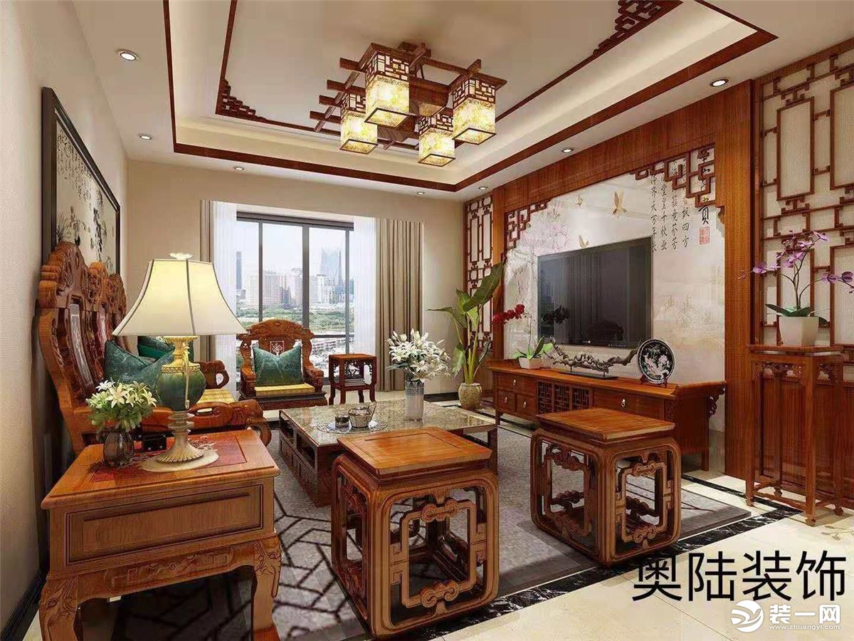 广汇九锦园120平三居室客厅新中式风格装修