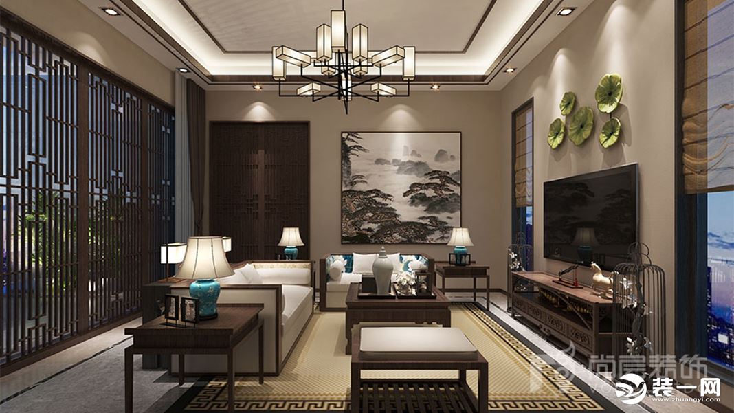 1500平米独栋别墅新中式风格起居室装修效果图