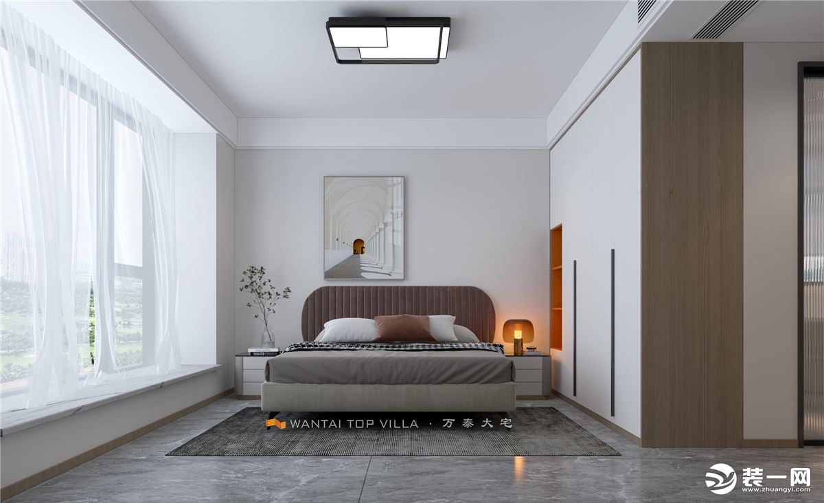 以暖灰色为基调入眼是线条柔和的床体，营造出优雅柔和的睡眠环境，精致的床头灯，让空间看起来高级又典雅。