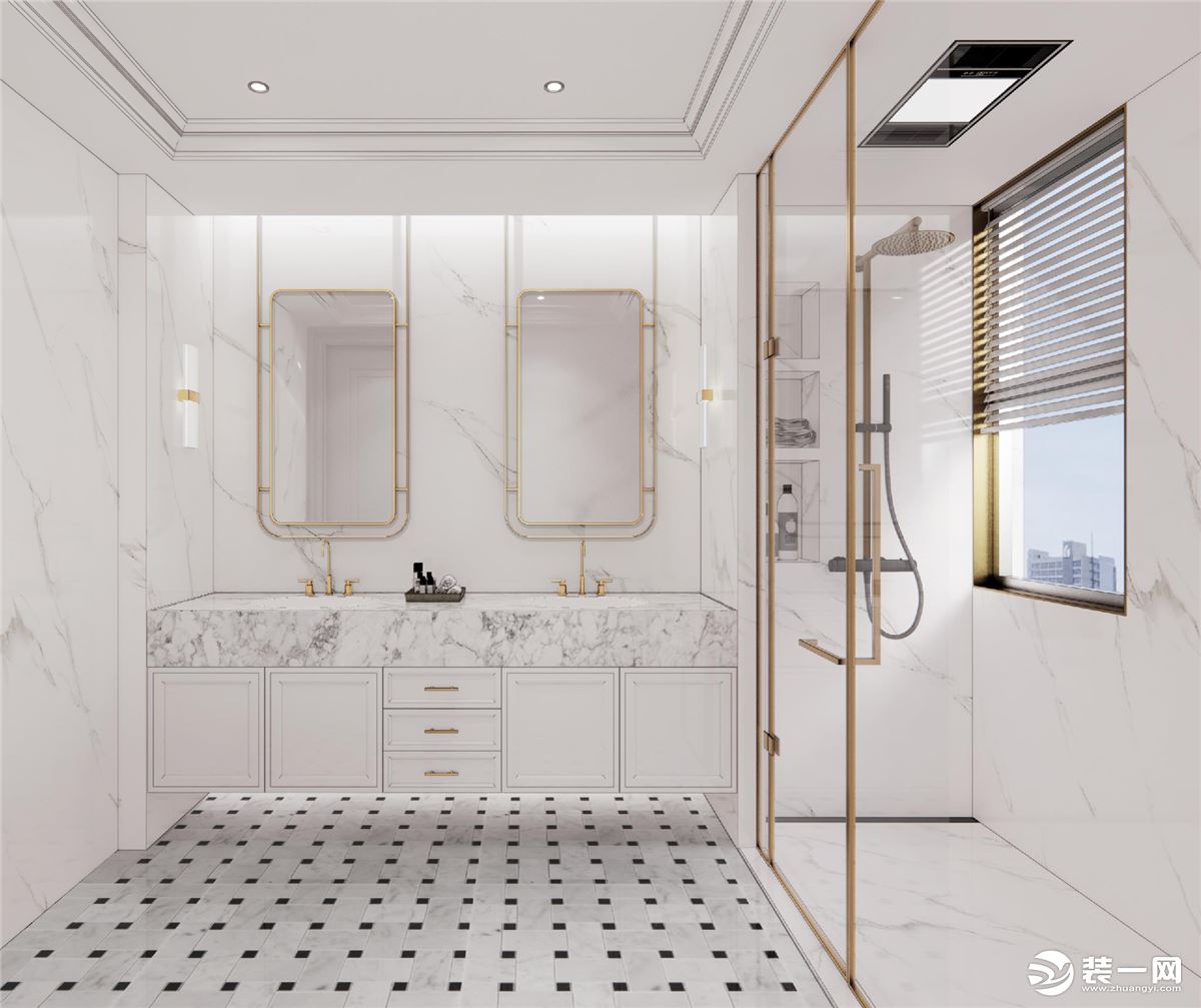 白色系的卫生间给人干净明亮的感觉，干湿区利用玻璃门相隔，透明玻璃门搭配金色的边框，显得十分精致。干区