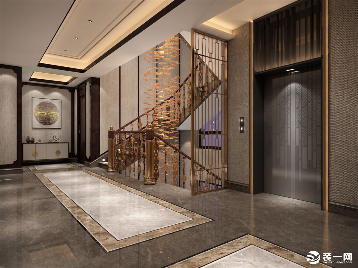 楼梯和电梯的双重设计，楼梯间用一扇屏风门和电梯间分隔，既美观又实用。