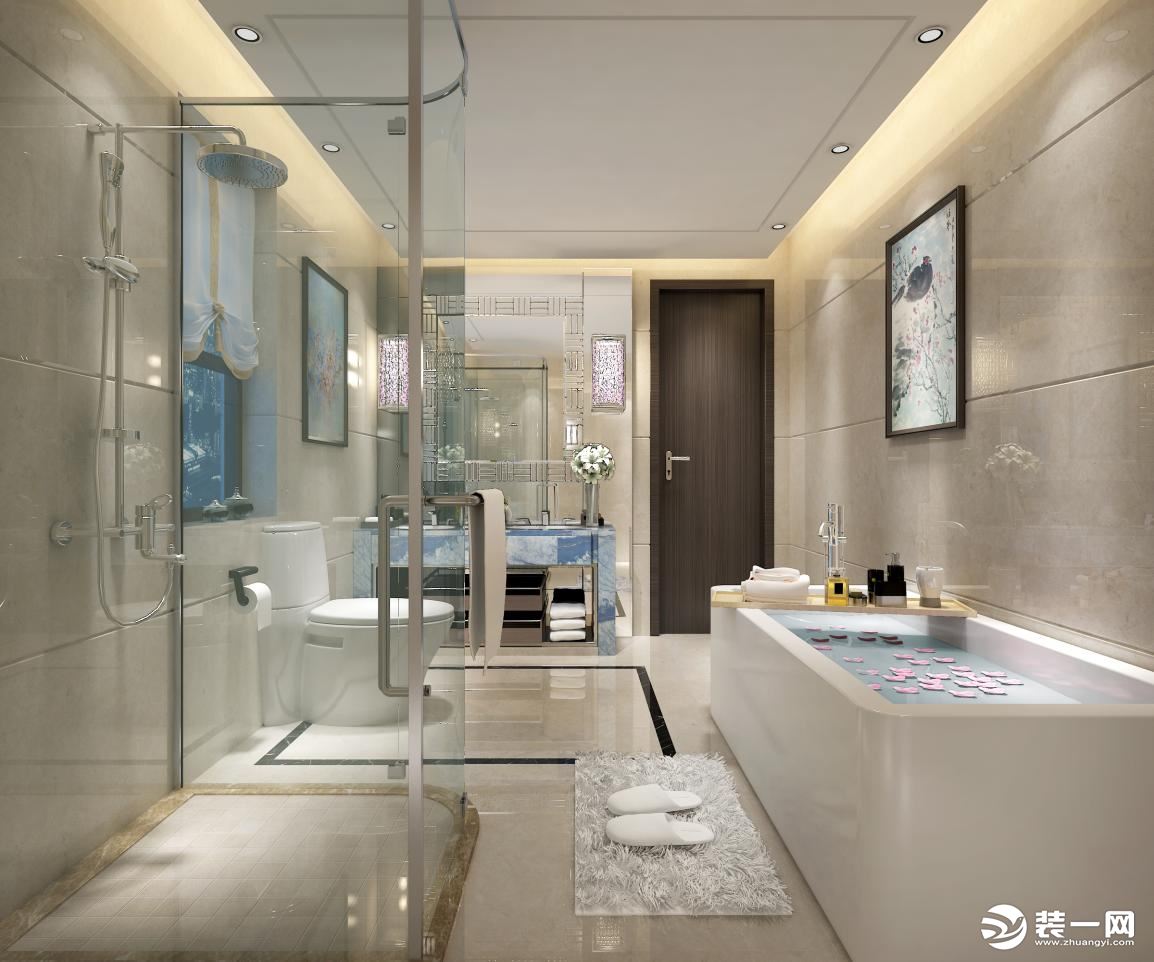 卫生间干湿分离设计，干净卫生。设有泡澡区和淋浴区，功能比较齐全。