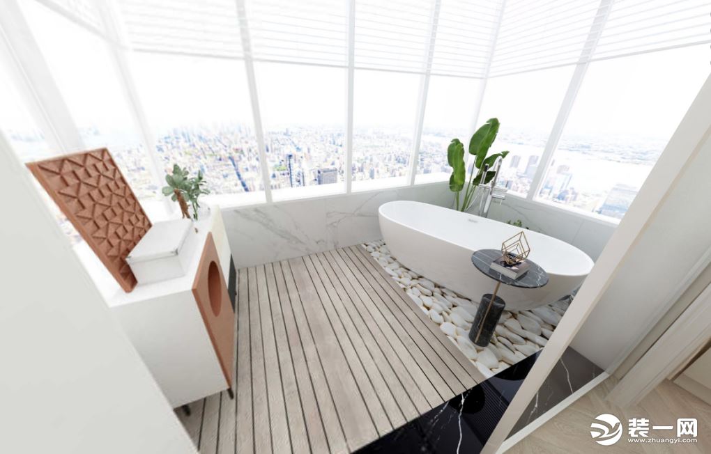 主卧外面的阳台设计成了一个浴缸，由于本身在顶楼，浴室的布置是非常温馨舒适的，业主在享受泡澡，放松身心