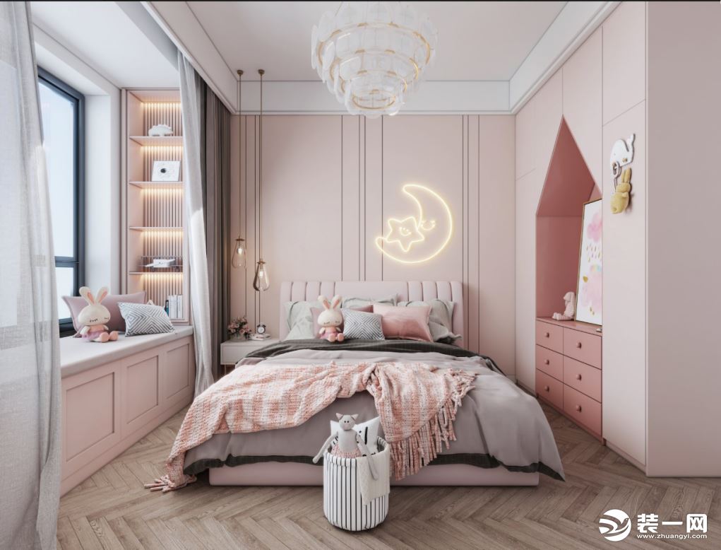 粉色的女儿房充满了童话的气息，衣帽柜中间挖空，形成一个五边形，深粉色和旁边的浅粉色区分，更加富有层次