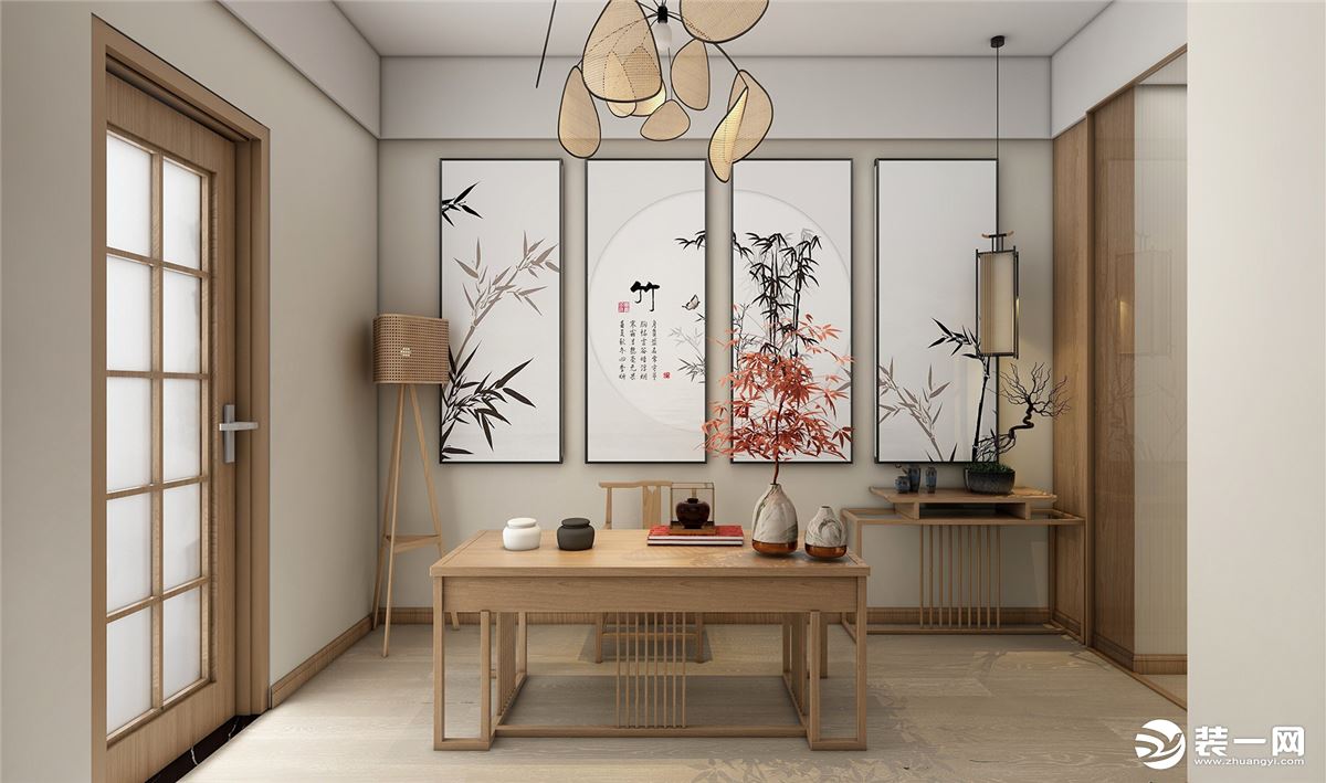 書房有一種中式韻味存在，簡單餓書桌，背后四幅中國畫作為裝點，中國元素十足的閱讀燈自然垂下，給空間增添