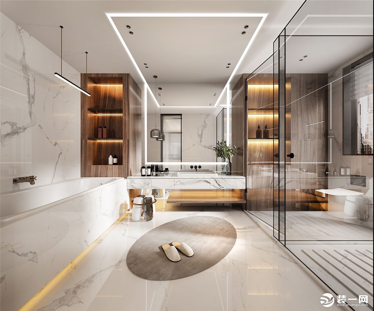 卫生间拥有淋浴区和浴缸区，设计的十分方便，淋浴区是利用玻璃门进行干湿分离，这样子会让空间更加的干净卫