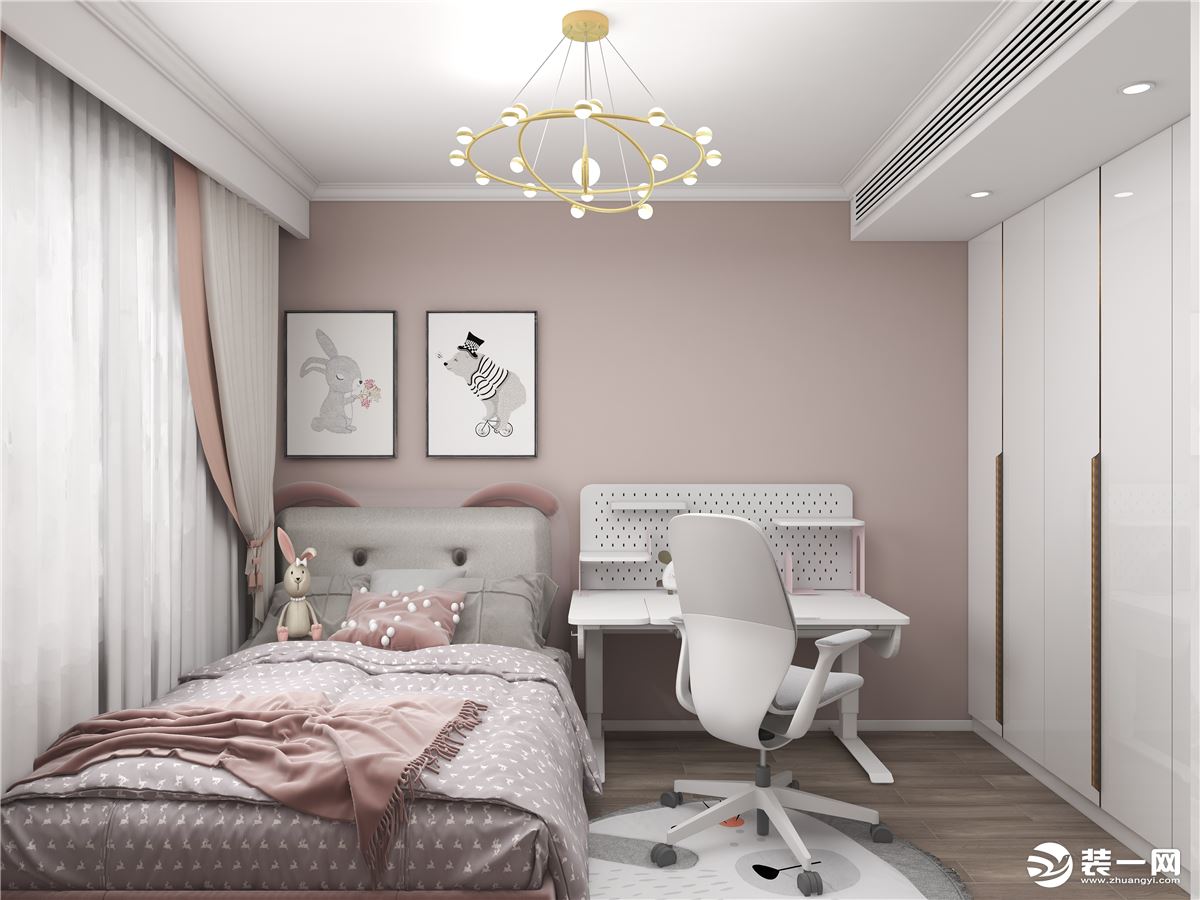 女儿房是一个粉粉嫩嫩得房间，墙面采用脏粉色得乳胶漆设计，可爱得动物造型儿童床和墙面得动物壁画相呼应，