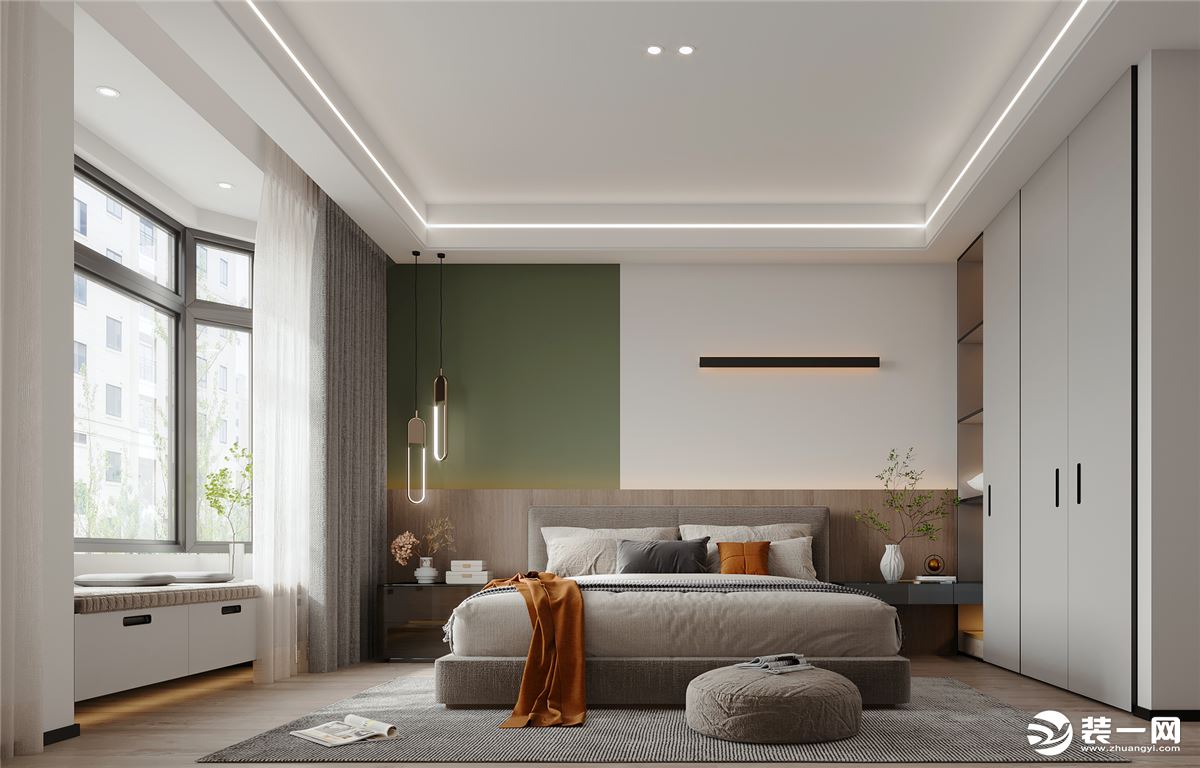 主卧墙头白色和绿色不对称的设计，给空间带来层次感。