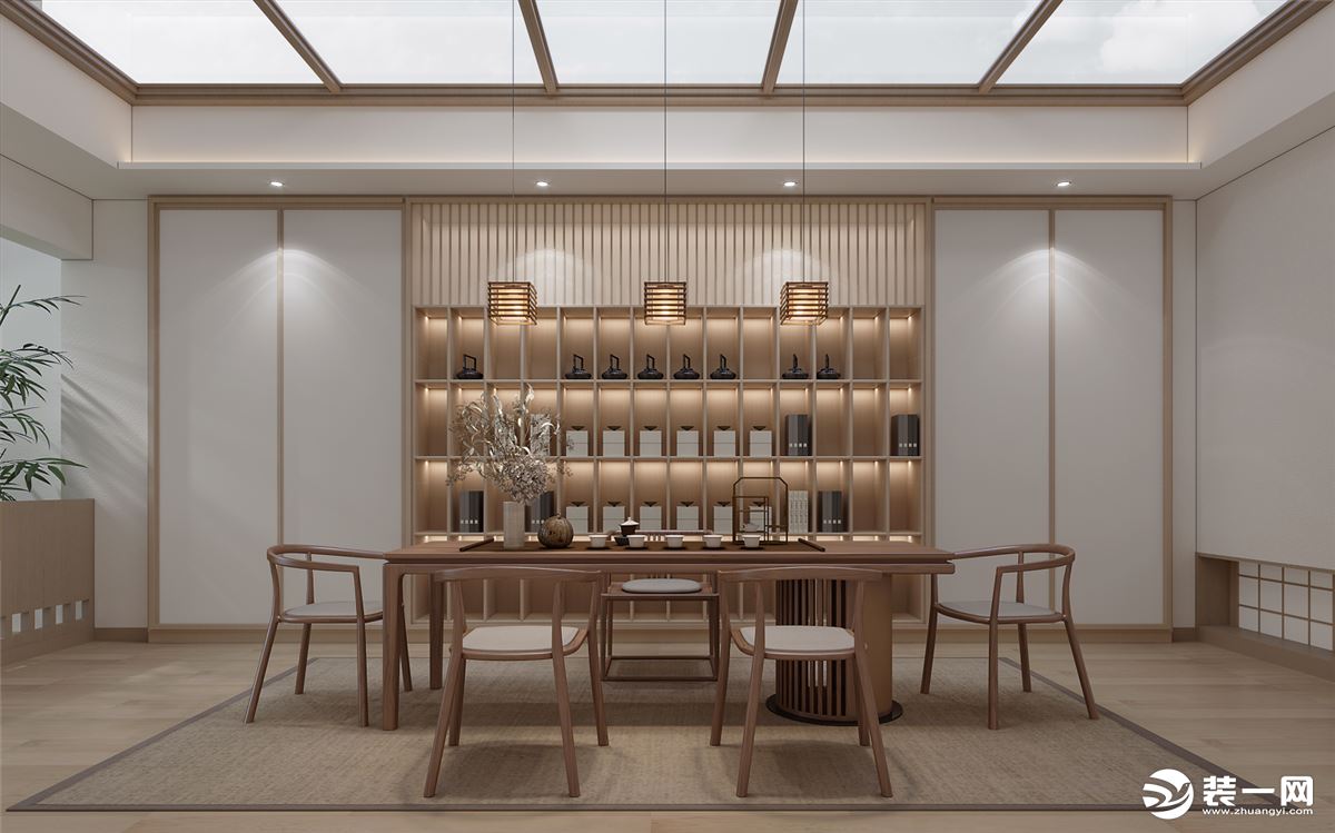 位于地下一层的茶室的灵感来自于日式的和室，以白色和原木色为基调，配合筒灯的灯光。中间一整面墙都是放置
