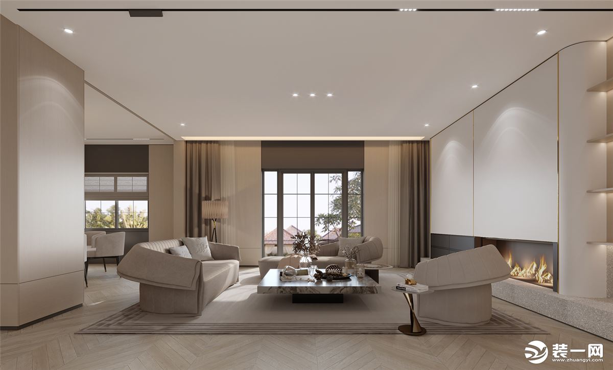二楼会客厅的设计更偏向于现代化，沙发以围坐的方式呈现。顶面采用现在流行的无主灯设计，营造出沉稳大气的