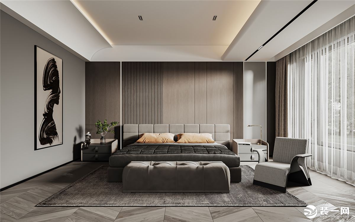 主卧地面以双色木板拼接做设计，增加室内氛围感的同时还有格调，平面吊顶内侧增加暖色灯带，为空间带来温馨